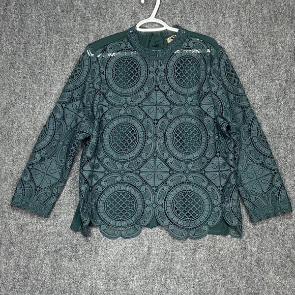 Antropologie James Coviello New York Lace Blouse Top Green Button Up Elegant XL - Picture 2 of 11
